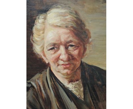 An oil painting, Patti Mayor, portrait study, Mrs Oddy, signed and dated 1957, 18in x 15in
