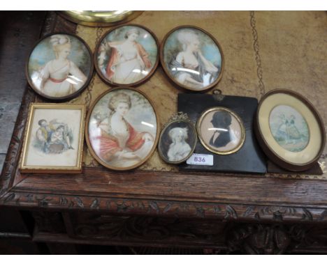 A 19th century oval miniature portrait study of ladies, monogrammed to rear, two oval miniatures and a silhouette picture etc