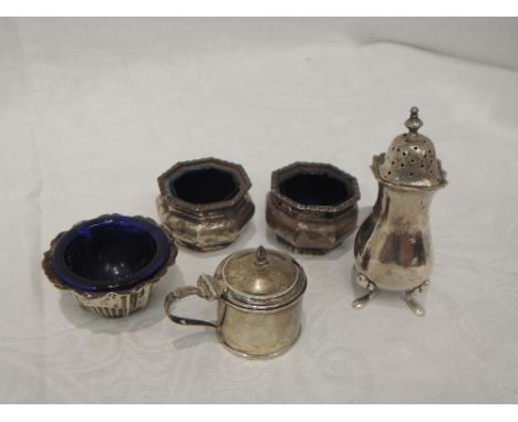 A selection of HM silver cruet items including a pair of Victorian salts, Birmingham 1899, William Hair Haseler, a single Vic