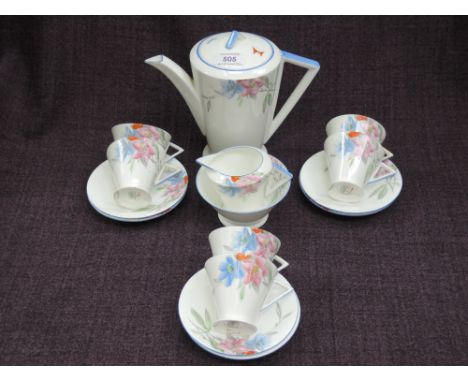 An Art Deco Shelley tea service having floral pattern and blue edgeCONDITION REPORTDamage to one cupChips to bases of two cup
