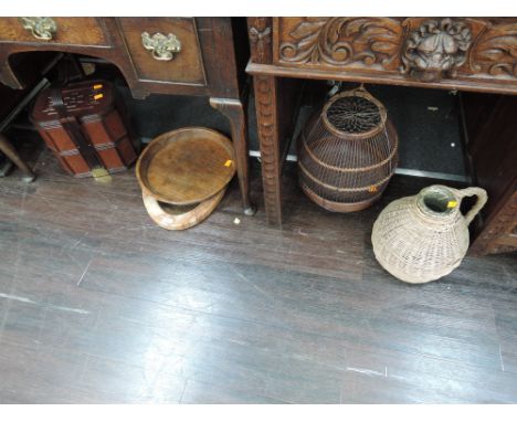 A selection of miscellaneous including modern basket cage, reproduction Chinese box, treen platter, alabaster frame mirror an