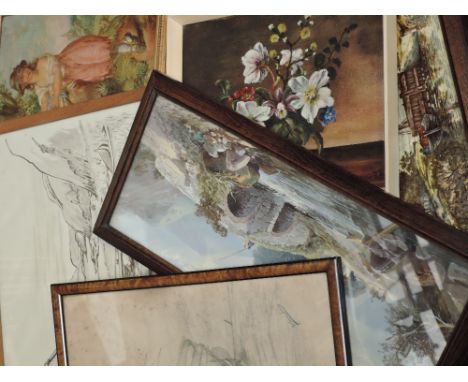 An oil painting, CJW, village maid, 19th century, initialled, 10in x 8in and a selection of pictures, including a pencil sket