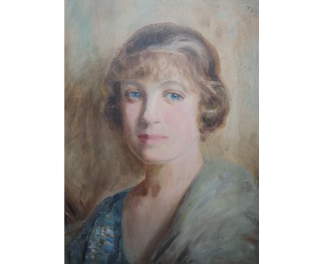 An oil painting on board, Nicol Laidlaw, Portrait of Miss Maudie Spray, signed and dated 1924 and attributed verso, 18in x 15