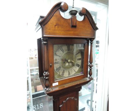 A reproduction mahogany longcase clock having swan reconstituted neck and pillar hood containing small brass and silvered dia