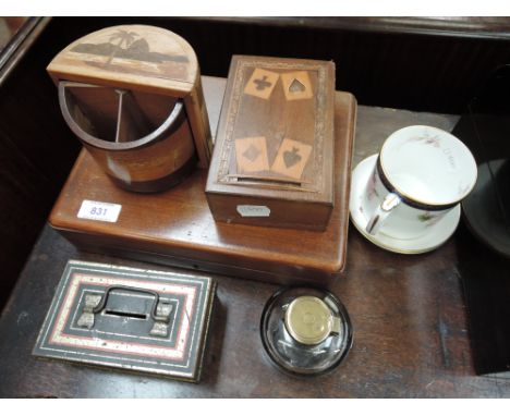 A selection of miscellaneous including treen playing card case, smokers stand, Spode cup and Royal Worcester dishes etc