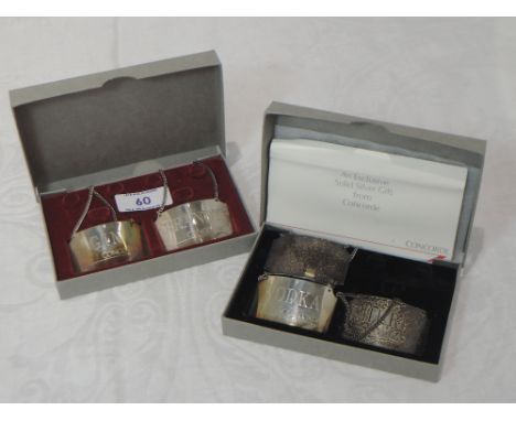 Five cased silver British Airways Concorde decanter labels re: Port, Sherry, Vodka, Gin &amp; Brandy, Birmingham 1986, Britis