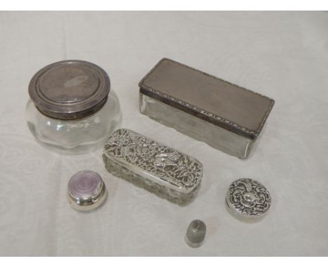 Five assorted glass and HM silver trinket and dressing table boxes of various forms and an HM silver thimble stamped Royal Sp