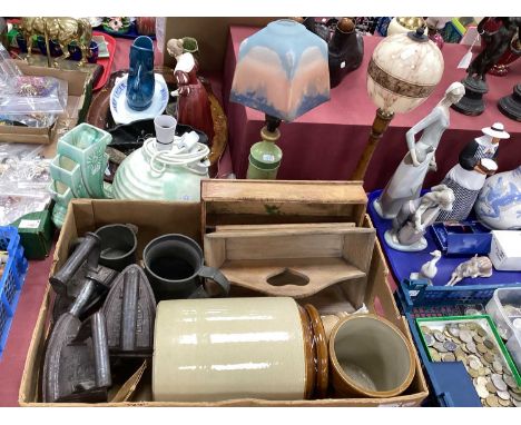 Kitchenalia - A Large Quantity of Vintage Items, including stoneware jars, pine cutlery trays, four flat irons, boxed Harper 