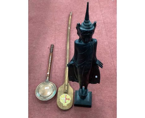 Copper Warming Pan Engraved 'HMS Glasgow' to the Lid, religious wine stirrer with elongated octagonal handle, ebonised burnis
