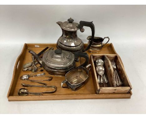 A Victorian Four Piece Silver Plated Tea Service Stamped J.T &amp; Co Ltd, plus other cutlery, etc:- One Tray.