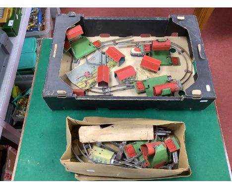 A Mid XX Century Tinplate Clap-Railway (Germany) Nr. 400/K, with Driving Car (no key), Track, Buildings, Playworn, signs of c