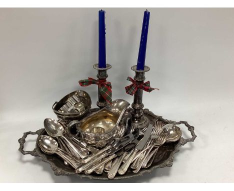 Plated Tray, Candlesticks, sauce boat, basket, cutlery, napkin rings.