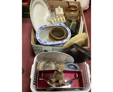 UMF Candelabra, cutlery, stoneware jars, Lurpak and other pottery, etc:- Two Boxes.
