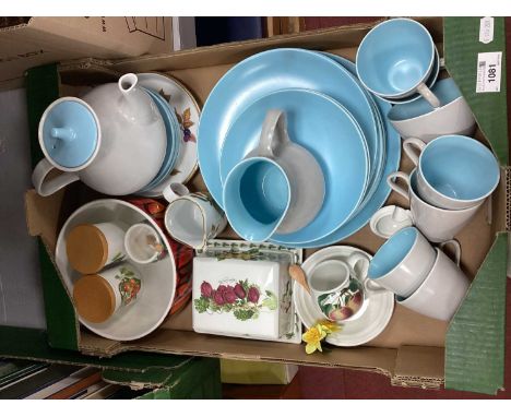 Poole 'Aegean' Pattern Pottery Bowl, Poole tea service, Portmeirion butter dish, Royal Worcester, Evesham jug, etc:- One Box.