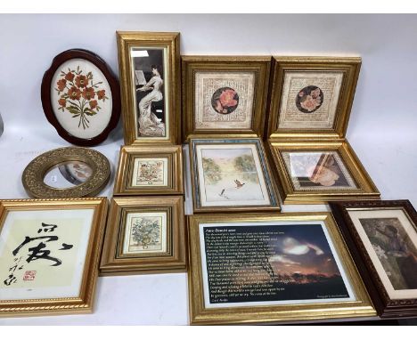 A Large Quantity of Small Framed Prints, in gilt style frames, plus a small circular mirror:- One Basket.