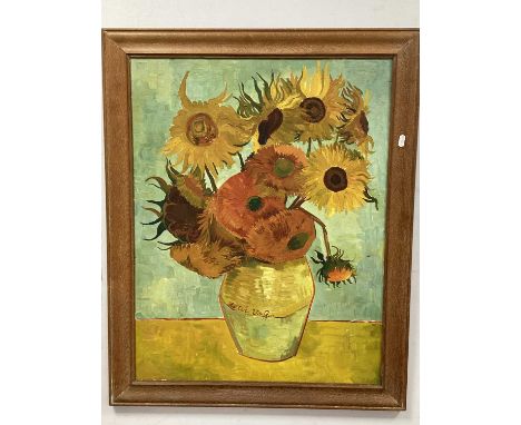 After Vincent Van Gogh, Sunflowers, oil on board, 74 x 57cm, in limed oak frame.