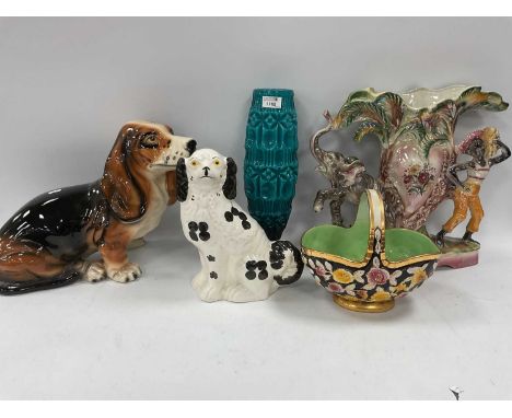 A Large Basset Hound Ceramic Dog Figure, unmarked, black and white Staffordshire style dog, Italian vase decorated with a fig