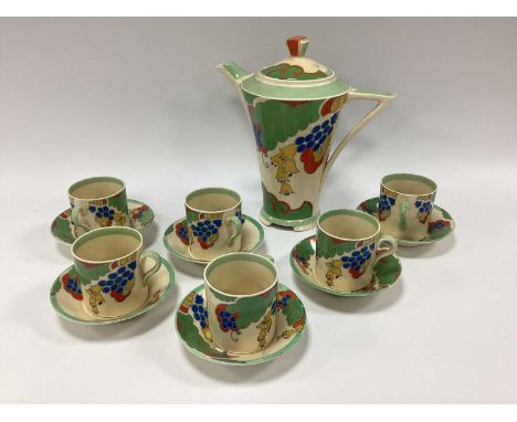 A Circa 1930s Royal Doulton Thirteen Piece Art Deco Coffee Set - six cups and saucers with a coffee pot - 'Caprice' pattern:-