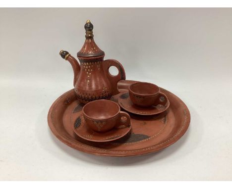 Turkish Tophane Coffee Set Comprising of Coffee Pot, two cups and saucers, circular tray 35cm in diameter.