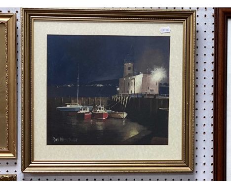 Don Micklethwaite Signed Oil Painting, Scarborough Harbour of boats and a lighthouse, signed bottom left, 25cm x 29cm.