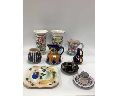 Poole Pottery Terracotta Egg Cup, on a wide base, two stylistic flower vases, grey bodied vase, Honiton, Losol &amp; autumn j