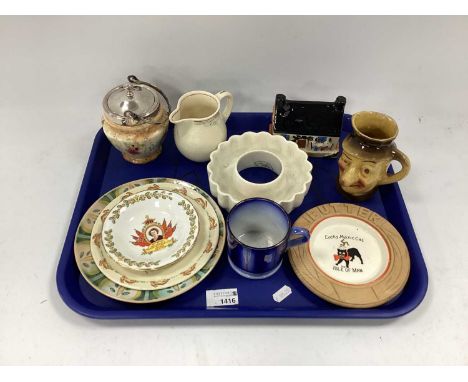 Devon Lucky Manx Cat Butter Dish, (possibly) Yorkshire pottery money box as a cottage, 11cm wide.Devon jam pot, Ascot white j