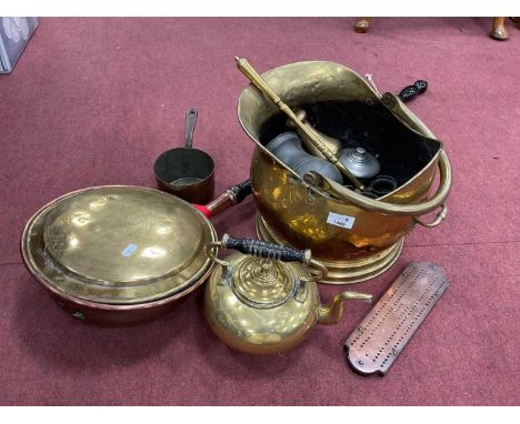 Kettle, Weights, copper pan, crib board, pewter measures, warming pan, other metal wear.