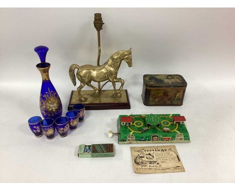 Russian Tin Plate Bus and Car Clockwork Wind-up Toy Set, (WV) under base, 24.5cm wide, brass horse lamp, buttons tin, Stalag 
