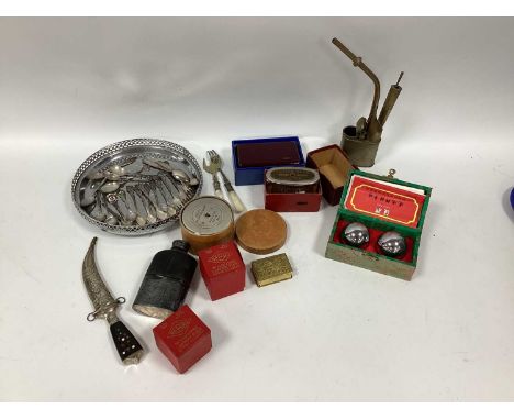 Oriental Brass Opium Pipe, sterling 835 and other cutlery, medicine balls, hip flask, money boxes, knife, etc:- One tray.