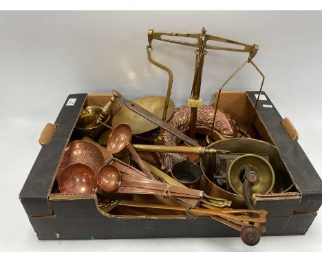 Brass Balance Scales on Mahogany Plinth, with graduated weight, XIX Century jam pan, mortar and pestle, coffee grinder, ladle