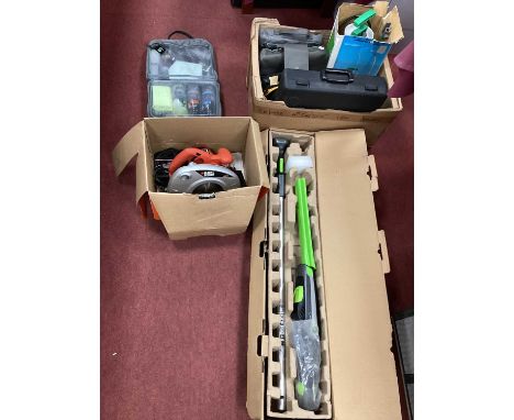 Powercraft Cordless Tool Gift Set, Black and Decker circular saw, G Tech cordless hedge trimmer, Stonacre car kits (2), garde