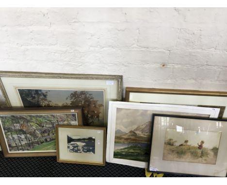 Six various oil on boards and watercolours to include autumnal scenes and children playing in spring meadows to include examp