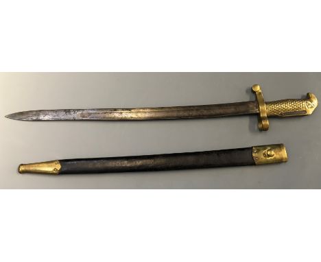 A US naval model 1870 bayonet and leather scabbard, stamped GGS.