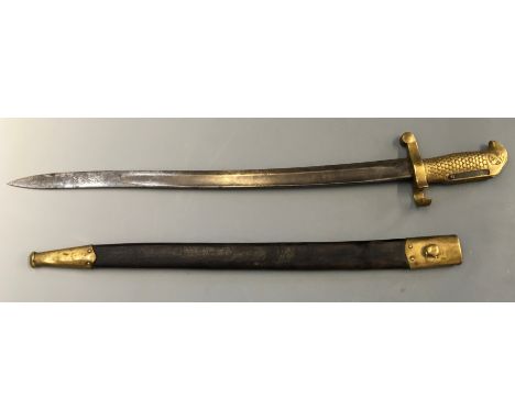A US naval model 1870 bayonet and leather scabbard, stamped JGR.