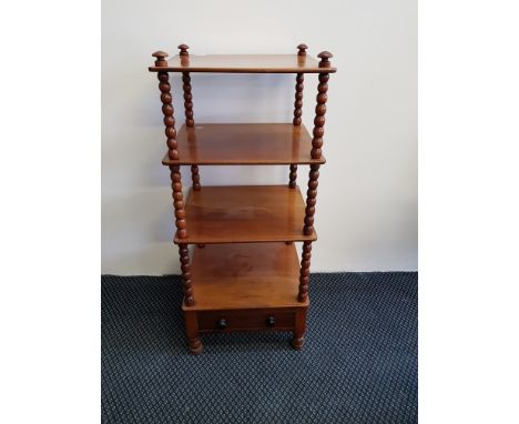 A mahogany mid 19th century bobbin turned single drawer whatnot.