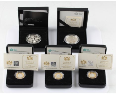 A collection of coins, to include three 2017 Nations of The Crown Silver Proof £1 coins, two being a Piedfort examples, toget