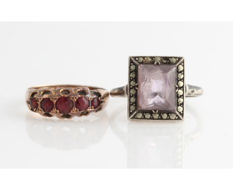 A 9ct rose gold five stone red paste ring, hallmarked Birmingham 1903, ring size M½, together with a amethyst and marcasite r
