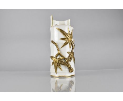 A Royal Worcester Aesthetic Wall Hanging Vase, Modelled as Cylindrical Bamboo Trunk with Applied Branches , 19.5cm High 