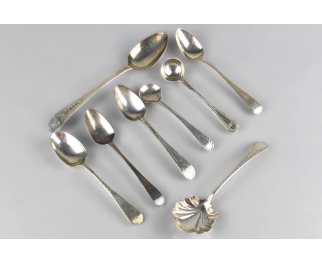 A Collection of Various Georgian Silver Spoons, All with Bright Cut Decoration  to include Table Spoon, Condiment Spoon and a