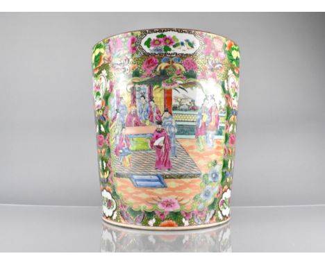 A Large Chinese Porcelain Famille Rose Jardiniere Planter  Decorated in the Usual Manner with Court Cartouches Etc on Foliage