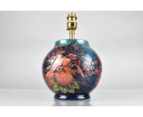 A Moorcroft Table Lamp, Finches and Fruit Pattern on Blue Ground, Base 17cm High 