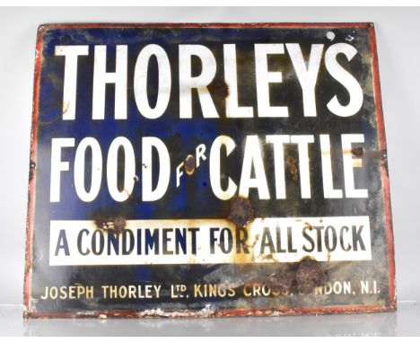 An Early 20th Century Enamel Thorley's Sign, 'Thorley's Food For Cattle' 70x81.5cm White Stencil Text on Blue Ground With Red
