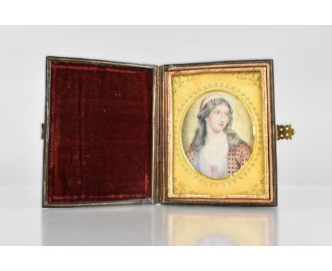 A 19th Century Portrait of a Maiden Painted on Ivory in a Leather Folding Travelling Case, Miniature 6x7cm (L3NMM7WL Declarat