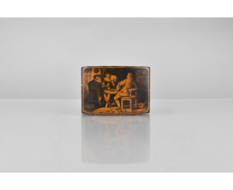 A 19th Century Scottish Mauchline Ware Type Burr Wood Snuff Box, The Hinged Lid Decorated in Pen Work with Tavern Scene, The 