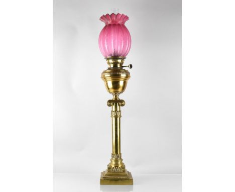 A Nice Quality 19th Century Brass Oil Lamp of Corinthian Column Form on Stepped Source Weighted Base, Stamped No,1782 and for