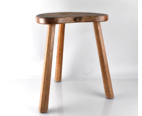 An Oak Mouseman Stool with Kidney Shape Top on Three Legs, 45cm high