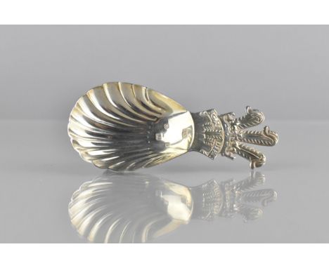 An Elizabeth II Silver Caddy Spoon by Roberts &amp; Belk having Prince of Wales Feather Device Finial to Shell Bowl, Sheffiel