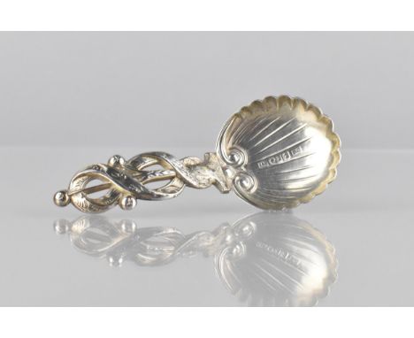 A Victorian Silver Caddy Spoon of Ornate Form by Francis Clarke with Entwined Scrolled Hand and Shell Bowl, Birmingham Hallma