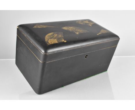A Japanese Meiji Period Black Lacquer Tea Caddy Decorated in Gilt to Lid with Fans, The Hinged Lid Opening to Reveal Two Stor