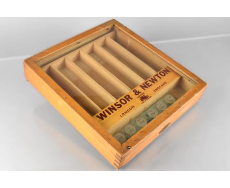 A Vintage Winsor and Newton Shop Countertop Paint Brush Display Case with hinged Glazed Top, 29x32x6cms